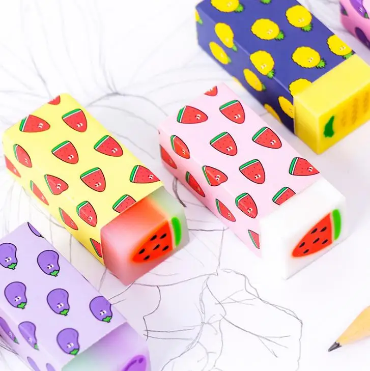4 Pcs/set Cute Fresh Fruits Watermelon Pineapple Eggplant Rubbers Pencil Erasers For Kids Correction Gifts Korean Stationery