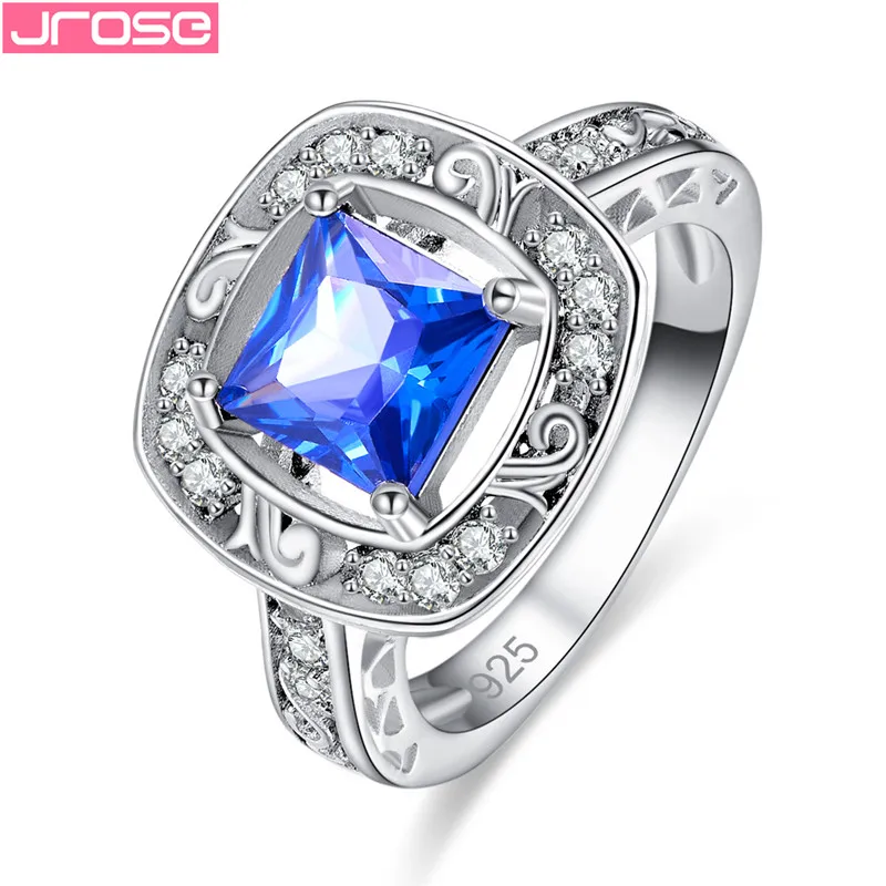 

JROSE Luxury Brand Blue Cubic Zirconia Rings For Women Wedding Engagement Party Cocktail Silver 925 Jewelry Wholesale