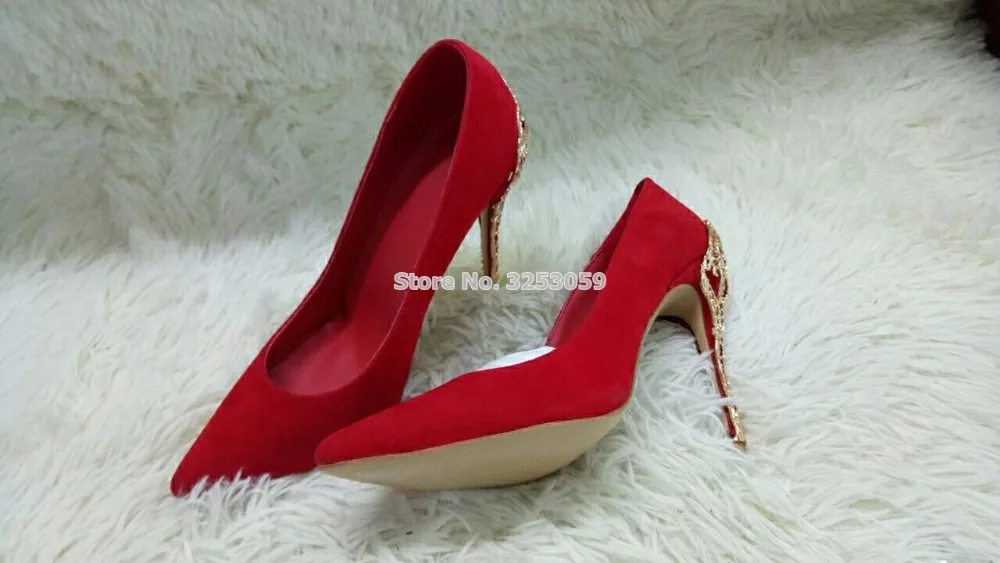 

Luxurious Women Suede Pointy Toe Pumps Metal Cut-out Heels Dress Shoes Shallow Cut Romantic Bridal Shoes Dropship US10