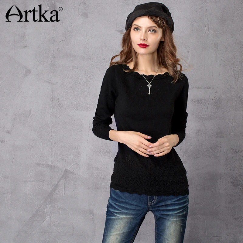 Женский длинный шерстяной кружевной свитер ARTKA Осенний пуловер с длинным рукавом
