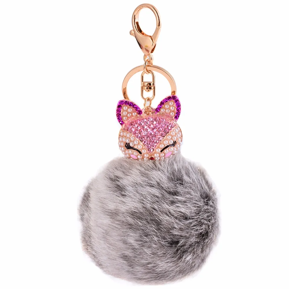 11-color rhinestone fox head 8cm rabbit fur ball keychain cartoon women bag car key pendant charm Crystal ring | Украшения и