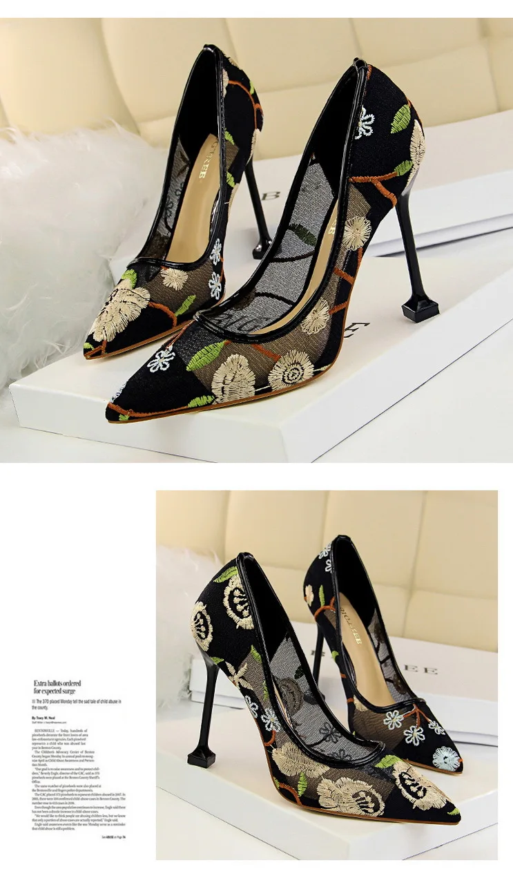 Women Pointed Toe Emboridery Lace Net Yarn High Heels Pumps Shoes Lady European Design Flowers Hollow Sexy Party Dress Stilettos
