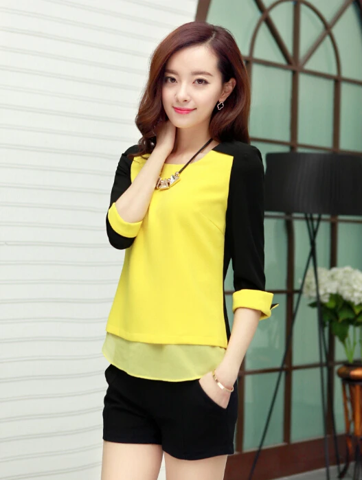 New 2015 Spring Summer Fashion Sweet O-Neck Splice big size chiffon blouse women |