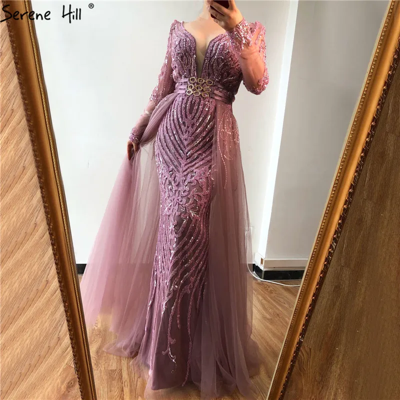 Blue Dubai Luxury Sequined Sparkle Evening Dresses Long Sleeve Beading Evening Gowns Serene Hill Plus Size LA60858
