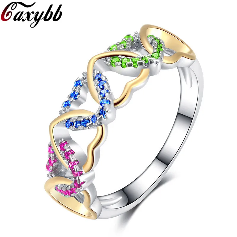 

Silver Plated Jewelry Three Colorful Cubic Zirconia Love Heart Romantic Finger Ring for Women Wedding Jewelry Gift Bague Femme
