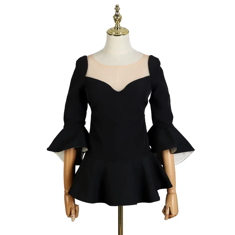 OXANT Women's Shirt Haute Couture Slim Black Flared Sleeve Flounce Blouse for Women Tops Plus Size | Женская одежда