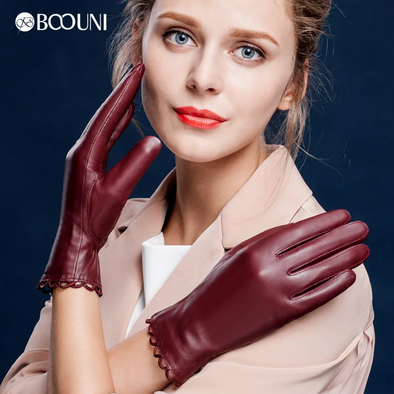 BOOUNI Genuine Leather Gloves Fashion Trend Women Sheepskin Gloves Thermal Winter Velvet Lining Finger Driving Glove NW671