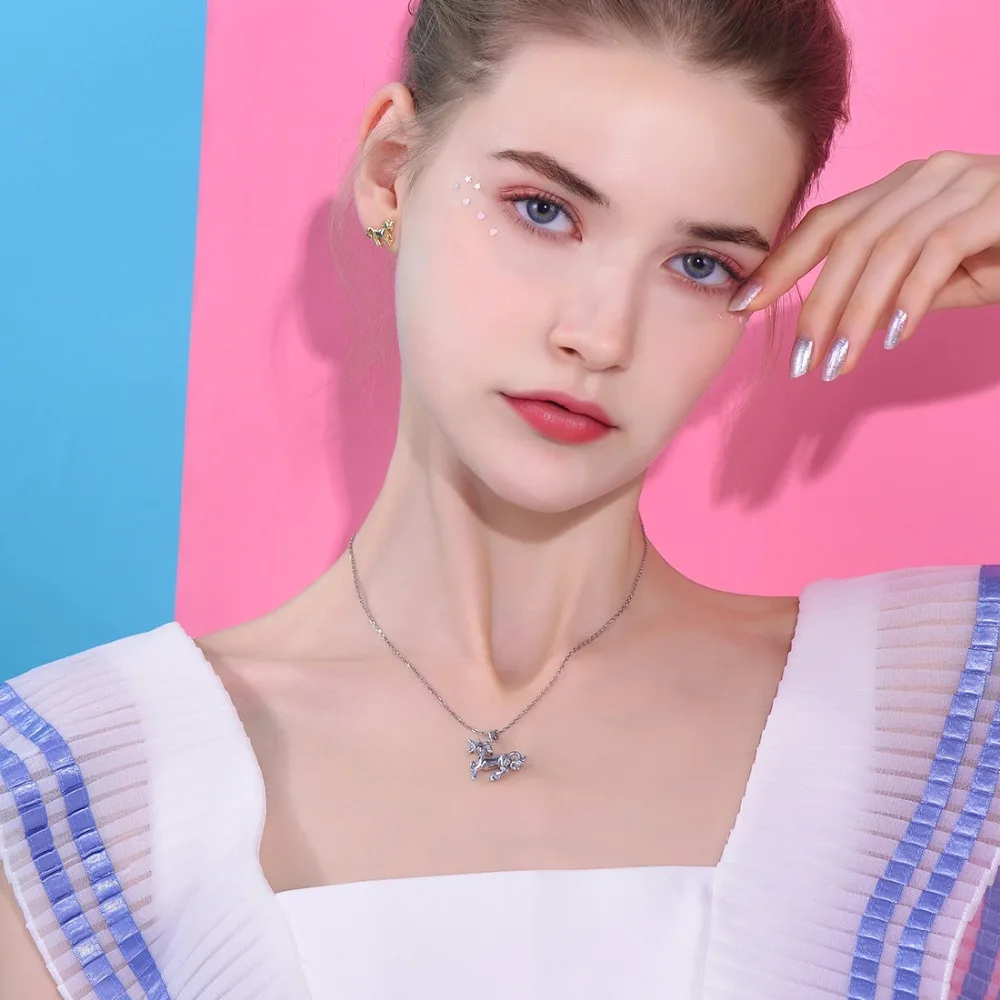 SILVERCUTE 100% Настоящее серебро 925 пробы бегущий Единорог Лошадь колье для женщин