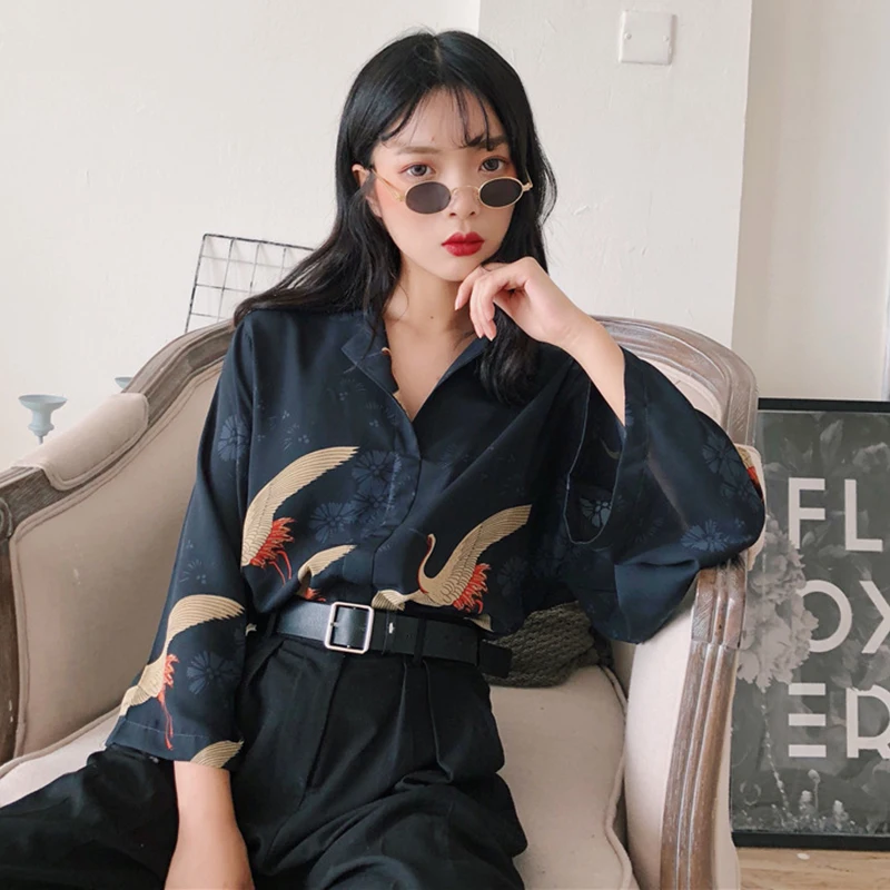 Женские рубашки Kawaii Ulzzang Ins шикарная ретро свободная тонкая рубашка с V образным