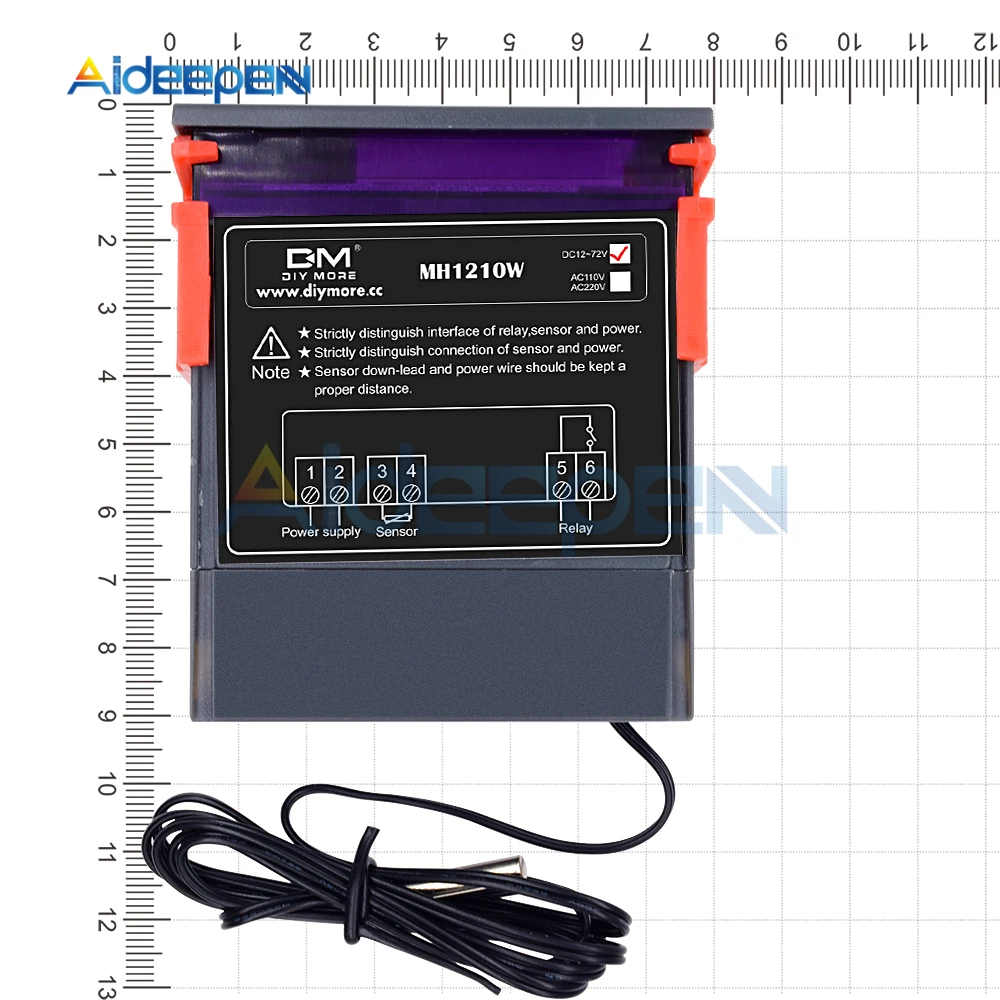 

MH1210W Digital Temperature Controller DC 9V-72V 10A Thermostat Regulator with NTC Sensor -50~110C Heating Cooling Control