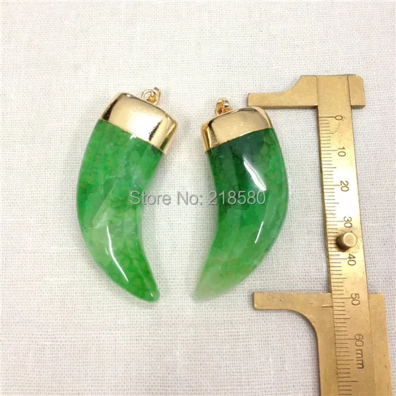 H-SP36 Large Green Dragon Agates Horn Tusk Pendant Charm with Gold or Silver Cap | Украшения и аксессуары
