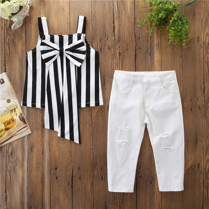 Комплект повседневной одежды для маленьких девочек топы в черную полоску без