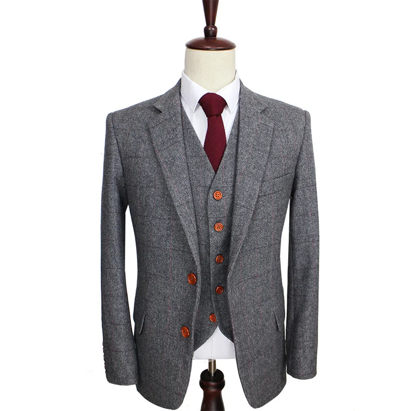 

Wool Retro Grey Herringbone Tweed British style custom made Mens suit tailor slim fit Blazer wedding suits for men 3 piece