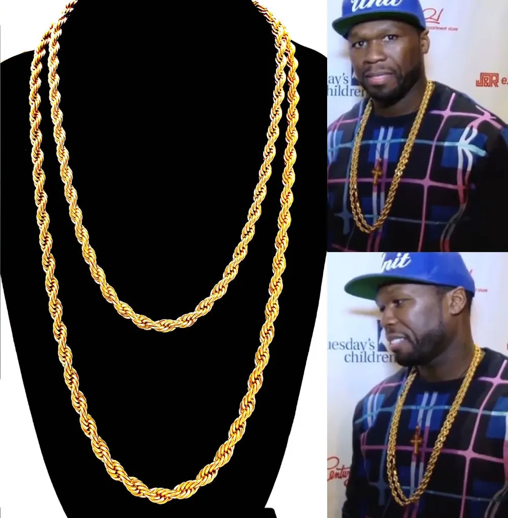 

Gold Finish Stainless Steel Rope Chain Hip Hop Necklace 3mm Thick 30" Long