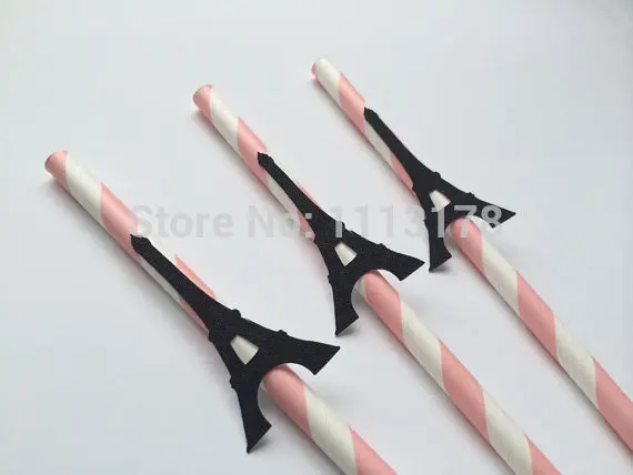 

personality glitter France Tower Pink and Black Decorated Paper Straws. I Love Paris Party. Pink and Black Elegant Party
