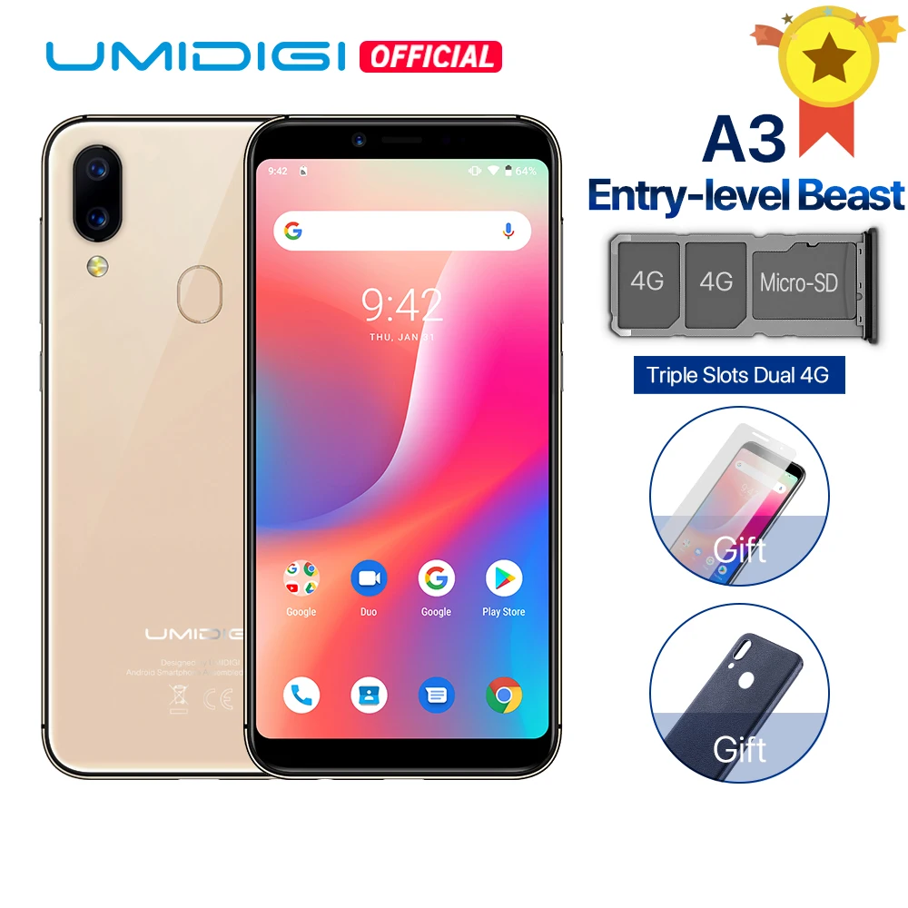 UMIDIGI A3, Android 9,0, глобальная полоса, двойной, 4G, 5,5 дюйма, incell HD+ дисплей, 2 ГБ+ 16 ГБ, смартфон, четырехъядерный, разблокировка лица, мобильный телефон 12 Мп+ 5 Мп