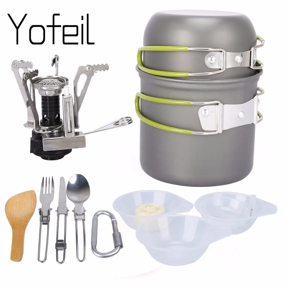 

1 Set Outdoor Pot Pan Cookware Picnic Cooking Set Non-stick With Foldable Spoon Fork Knife Gas Stove For Camping