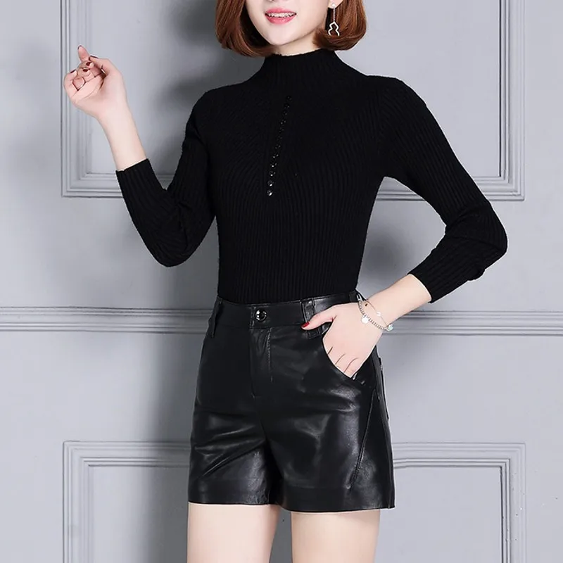Real Leather Casual Streetwear High Waist Black Female Shorts Straight Punk Korean Fashion Sheepskin OL Plus Size 4XL Trousers