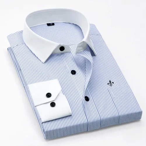 DUDALINA и полосатыми карманами Для мужчин одежда Slim Fit Для мужчин рубашка с длинными рукавами Для мужчин в горошек Повседневное Для мужчин рубашка социальных размера плюс M-5XL - Цвет: 1800blue