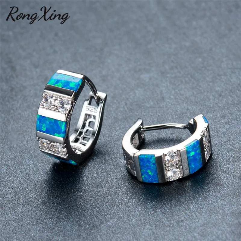Женские серьги кольца RongXing серебристые синие/белые огненный опал модные