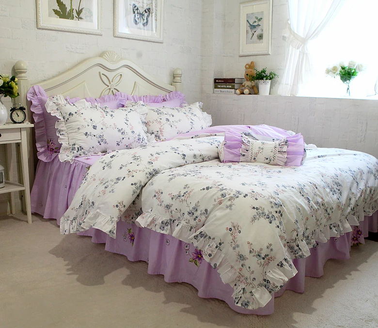 

Floral Pastoral Cotton Beding 4pcs Set king size white Purple Duvet cover Bedskirt Pillowcase sets Princess cotton Bedding sets