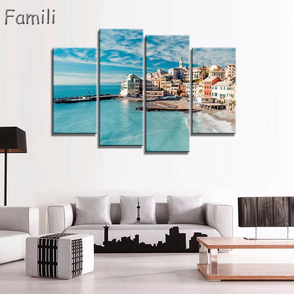 4 Pieces Printing Oil Painting Wall Art, Wall Decor, Wall Painting Italy Sunset Vertical painting Nice Painting for wall picture