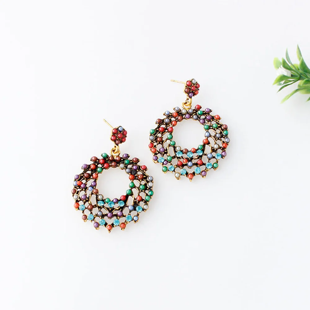 Fashion Women Colorful Bohemia Luxury Romantic Retro Gorgeous Elegant Hollow Brilliant Rhinestone Round Beads Earrings 1 Pair | Украшения и