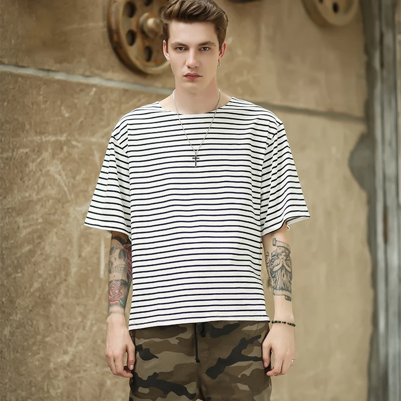 Футболка мужская свободного покроя в полоску брендовая тенниска стиле High Street