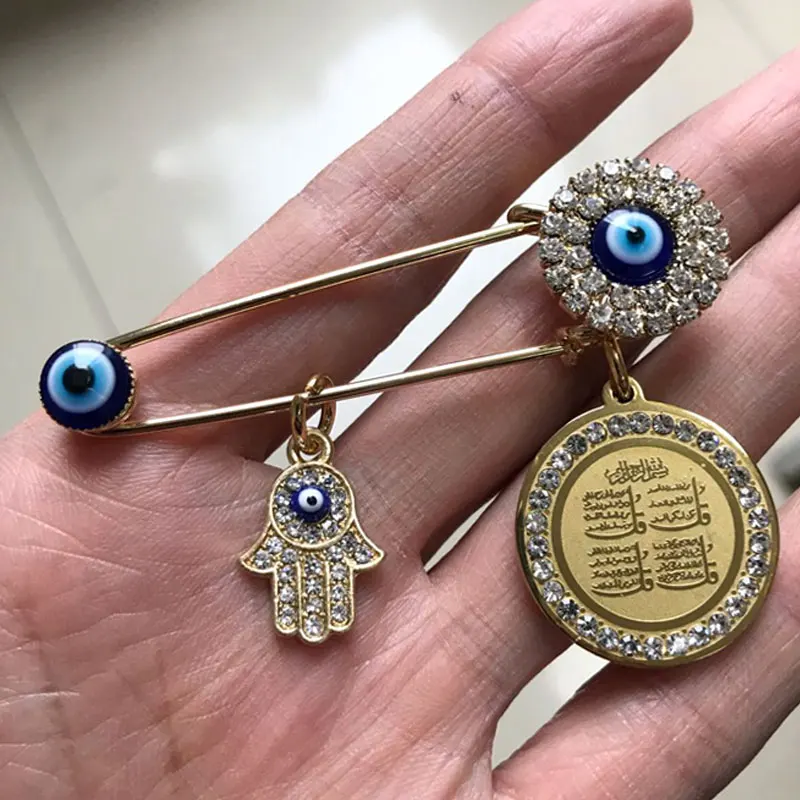 Hamsa рука Фатимы четыре Qul suras Турецкая Дурной глаз детская булавка нержавеющая
