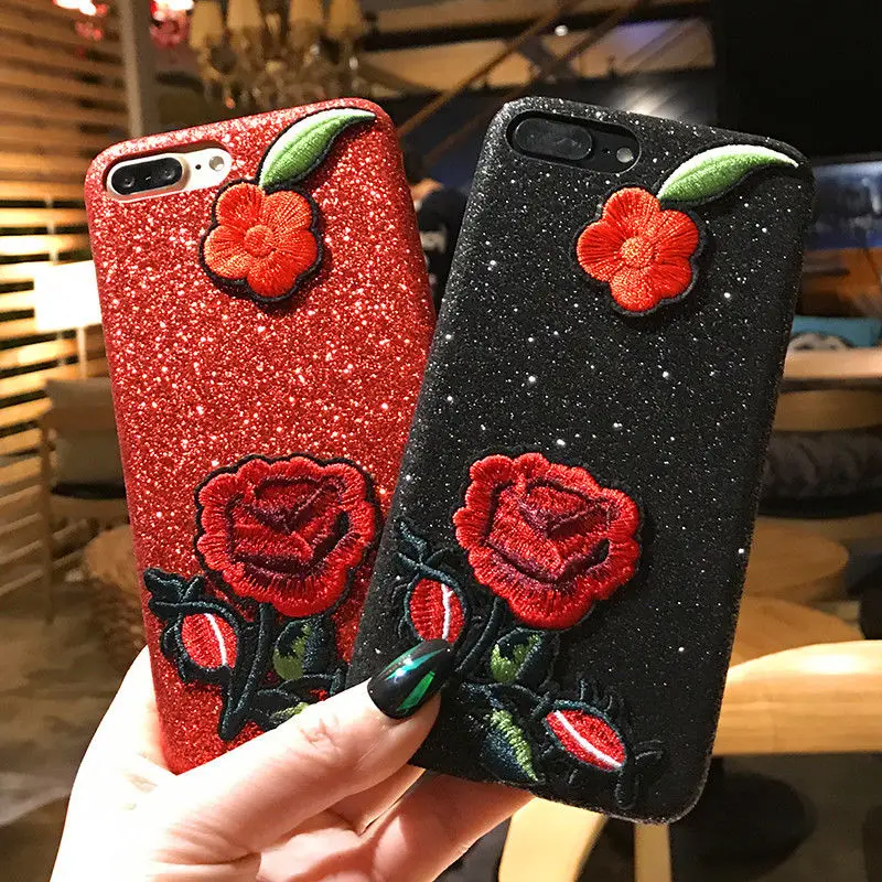 Вышивка розы чехол для iPhone 7 8 6 S плюс ручной работы 360 градусов роза с сияющими