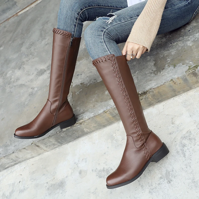 

ISNOM Thick Heels Women Boots Zip Weave Round Toe Footwear Knee High Cow Leather Female Boots Riding Shoes Woman 2018 Winter New