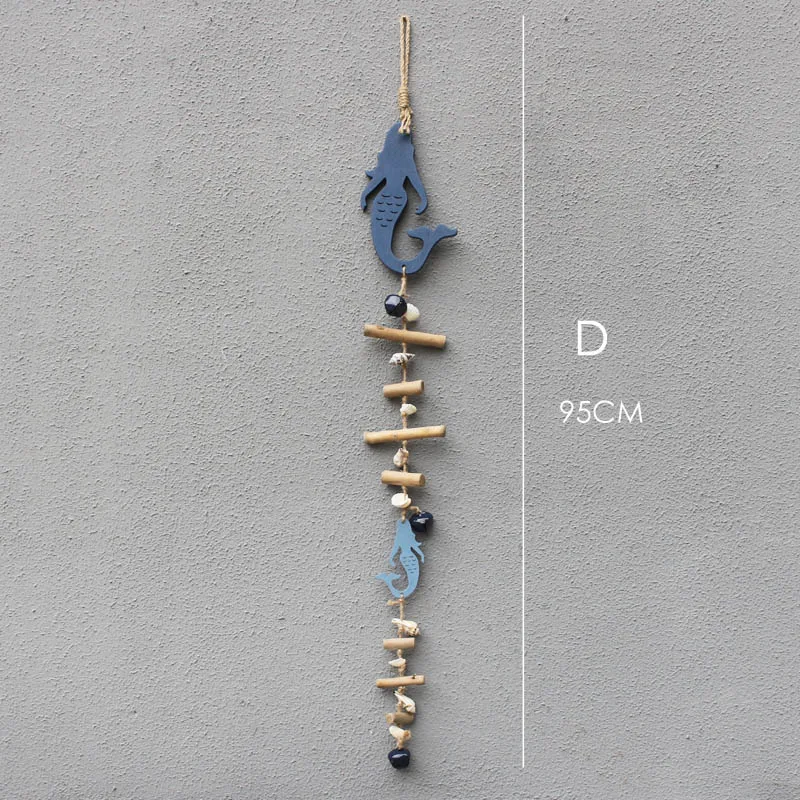 D Vintage Blue Fish Hangings Sea-maid Pendant With Drift Wood& Bells Wall Decoration Home Drop Ornaments Kids Room Decor New - Цвет: D
