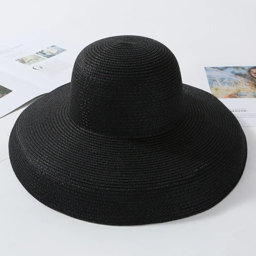 Black Extend Brim HT2303, новинка, летние женские шляпы от солнца, одноцветные, простые, элегантные, с широкими полями, женская шляпа с Круглым Верхом, Панама, флоппи Соломенная пляжная шляпа для женщин - Цвет: Black Extend Brim