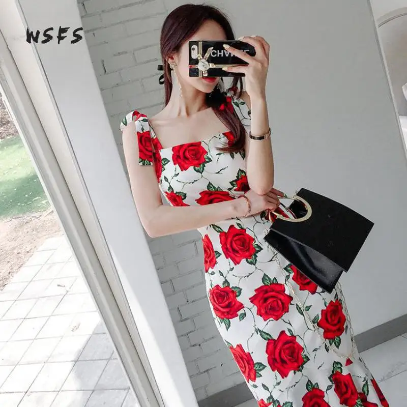 Summer Red Floral Print Dresses White Spaghetti Strap Women Dress Sexy Party Bodycon Bandage Midi Mermaid Vestidos Mujer | Женская
