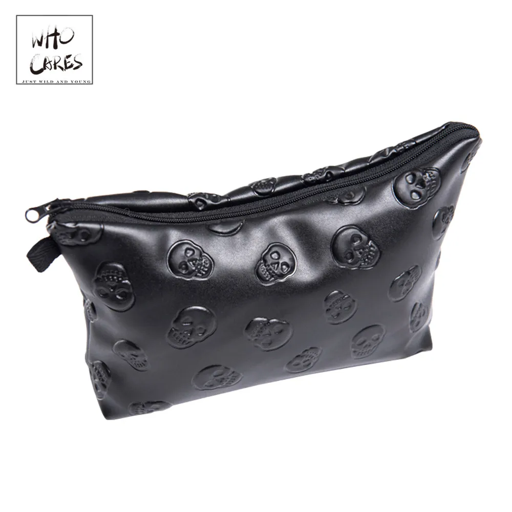 

Black skull 3D Printing leather makeup bag women Fashion travel organizer PU cosmetic bag trousse de maquillage pencil case