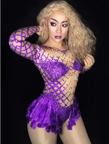 

Fashion Sexy Purple Crystals Long Sleeve Body suit Outfit Party Stage Wear Dance Nightclub Singer Rhinestone Bodysuit