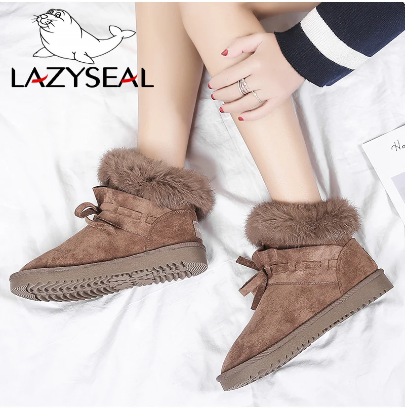 LazySeal обувь года; женские замшевые зимние ботинки с натуральным кроличьим мехом; женские Теплые ботильоны на платформе с плюшевой подкладкой со складками