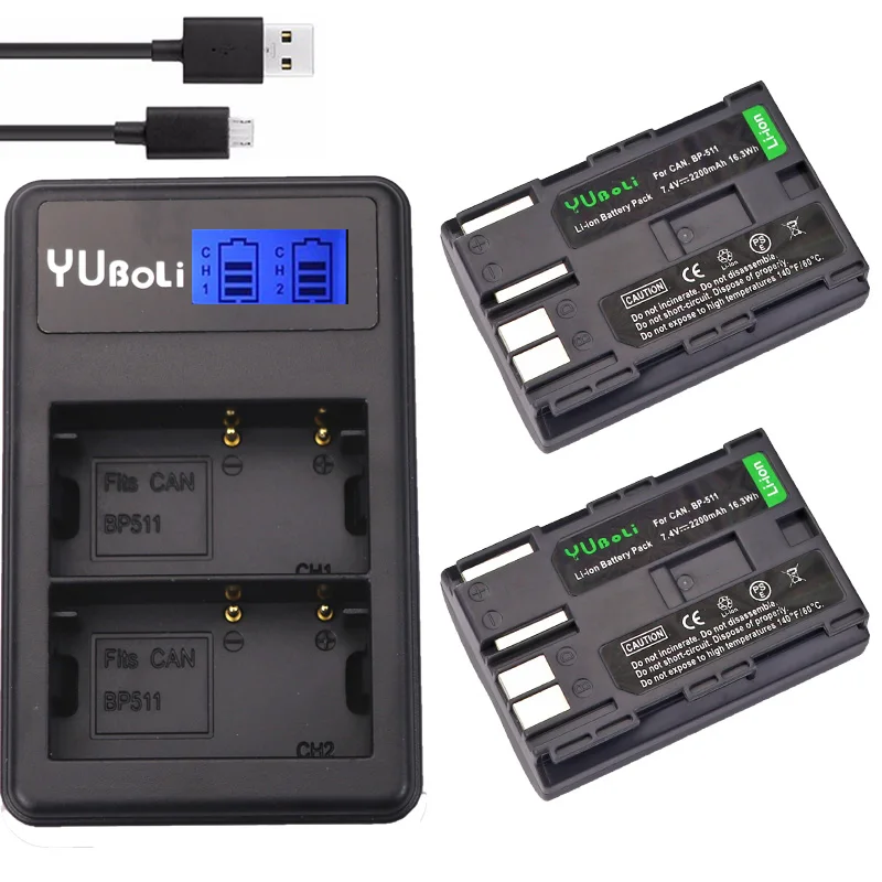 2x7,4 v 2200 мА/ч, BP-511A BP-511 BP 511 511A BP511 BP511A Батарея+ ЖК-дисплей USB Зарядное устройство для цифровой однообъективной зеркальной камеры Canon EOS 40D 300D 5D 20D 30D 50D камера