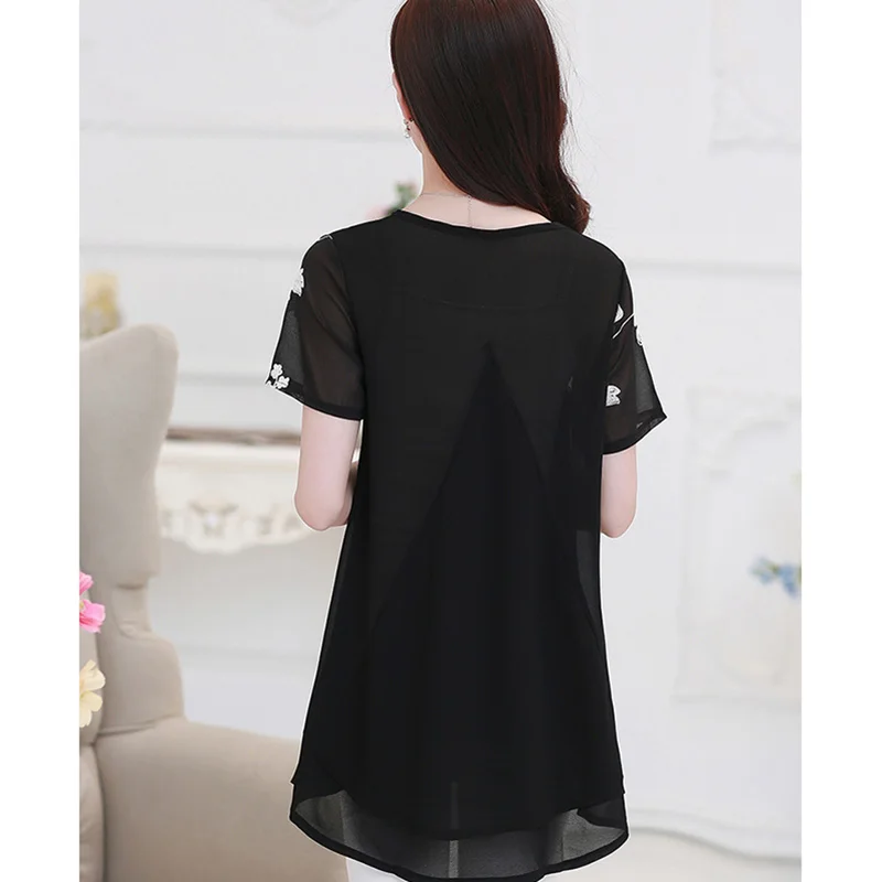 

New Plus Size Women Blouse Summer Long Shirt Women Chiffon Blouse Lace Floral Print Tee Shirt Irregular Hem Loose Tops S-3XL