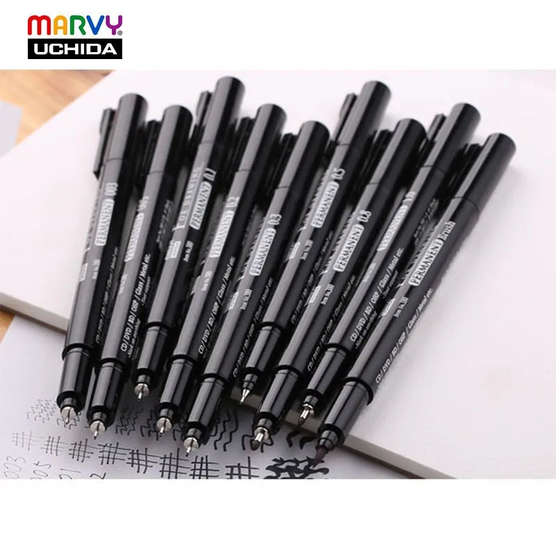 

8pcs/set Marvy 380 Needle Sketch Fine Line Pen Oil-Based Ink For Drawing Permanent 0.03 0.05 0.1 0.3 0.5 0.8 1.0 mm and Brush