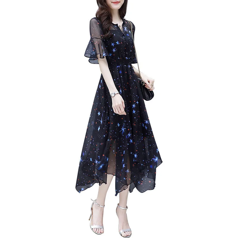 

2019 summer polka dot chiffon dress plus size party short sleeve elegant dress loose vestidos runway black dress for women 2019