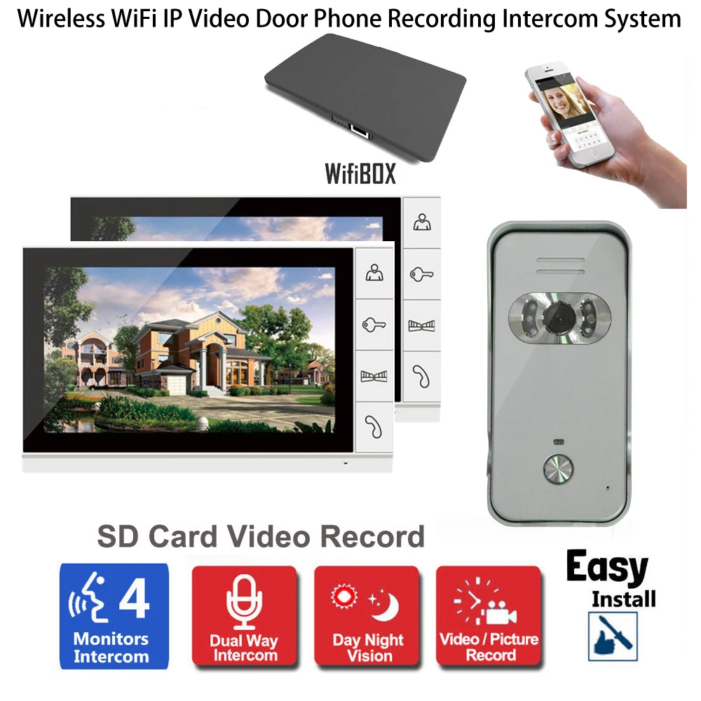 Draadloze WiFi IP Video Deurtelefoon Video-opname Intercom Systeem 9 "LCD Monitor 700TVL IR Camera Ondersteuning Android iPhone APP 1V2