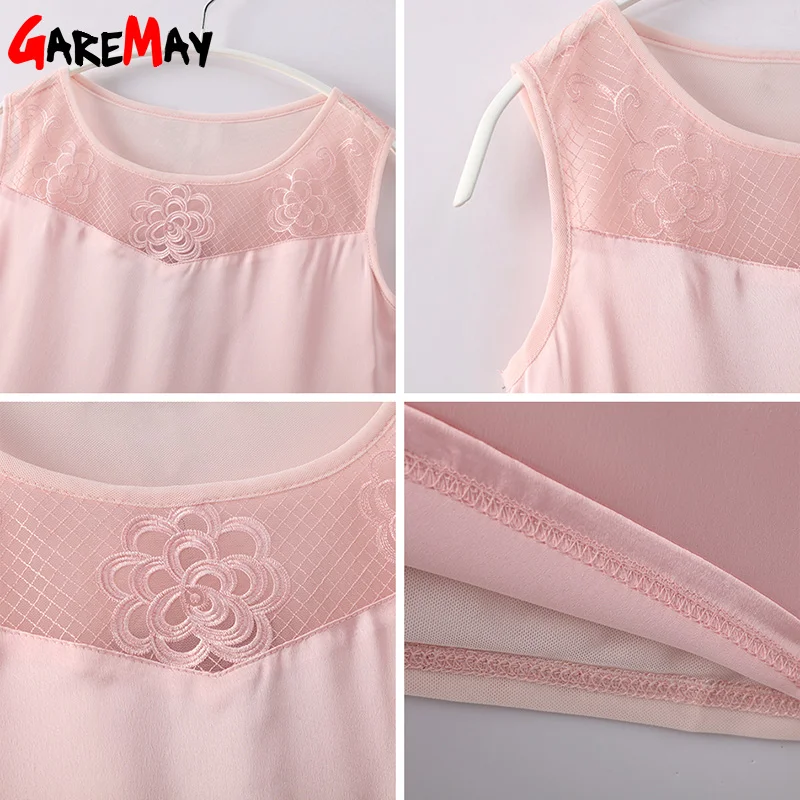 Блузка Женская атласная кружевная без рукавов с круглым вырезом|Блузки| |