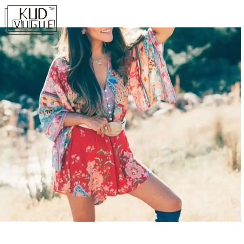 Boho красный цветочный принт рукав летучая мышь женское кимоно сексуальный