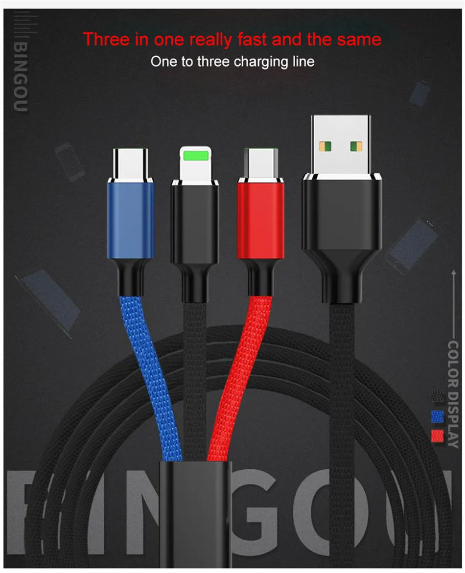 NOHON нейлон 3 в 1 зарядное устройство с интерфейсом Lightning Кабель для iPhone X 7 8 6 6 S плюс Micro usb Тип C samsung Xiaomi 5 зарядки Кабели 1,2 м