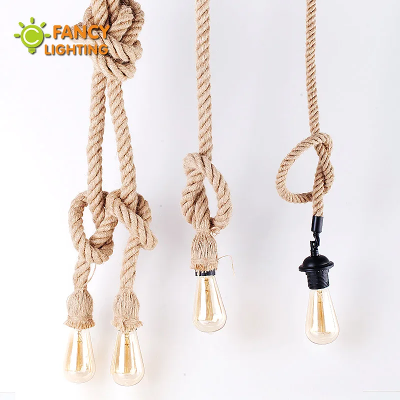 Винтажный подвесной светильник из пеньковой веревки 3 м с 2 головками E27 для