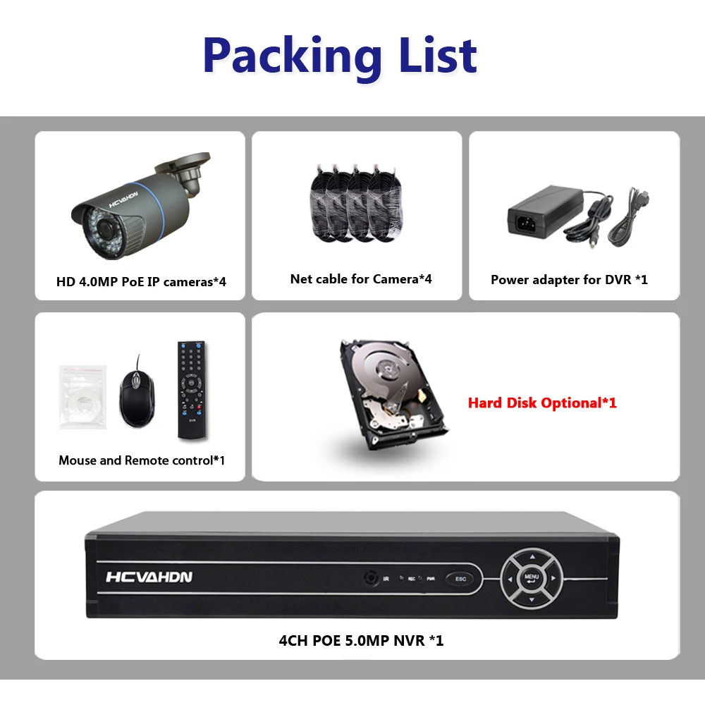 HCVAHDN 4CH 5MP 4MP 4 К HDMI POE NVR комплект видеонаблюдения Камера Системы 4.0MP Открытый IP Security