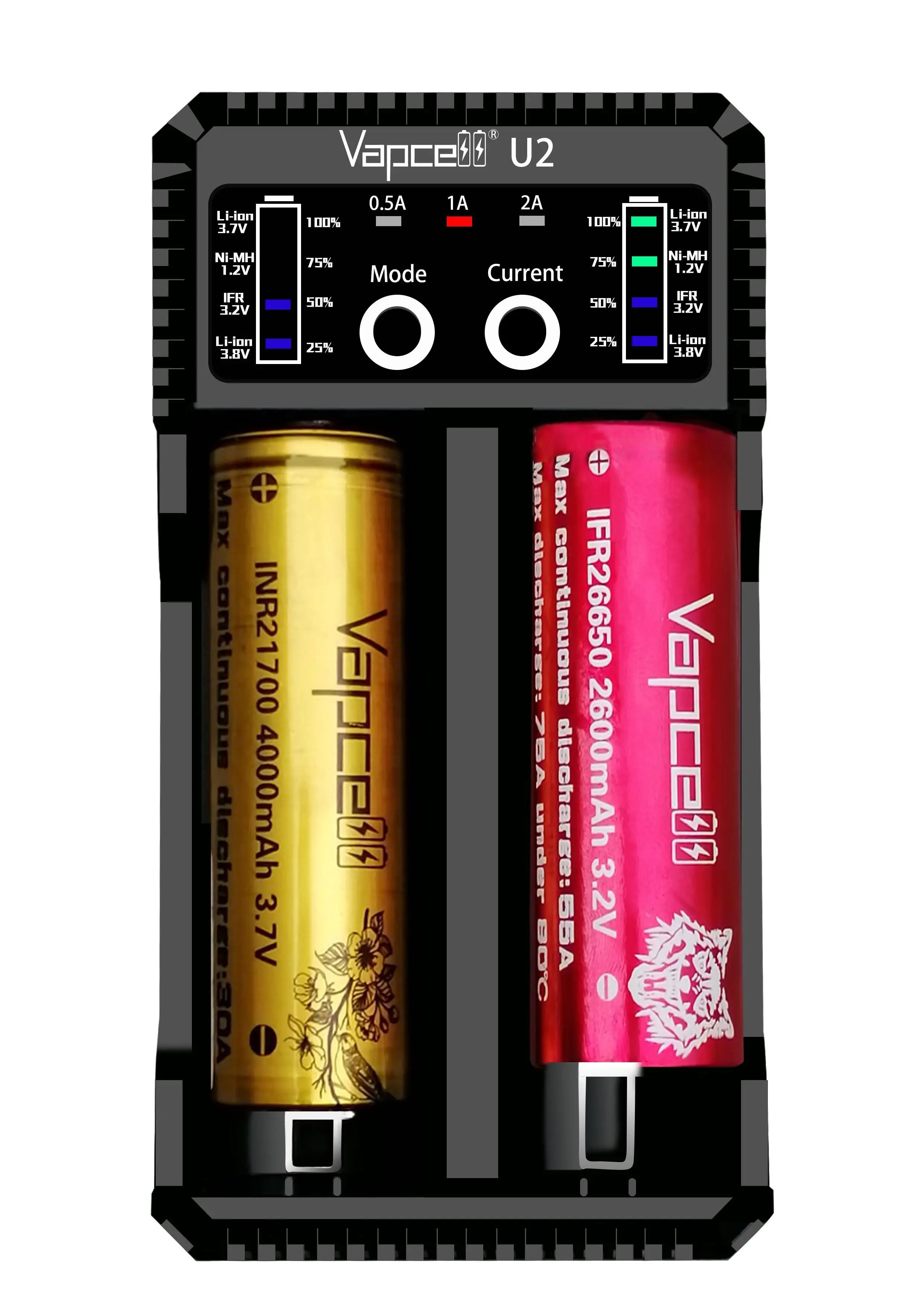 Vapcell U2 2A Смарт мини зарядное устройство USB для li-ion/Lifepo4/Ni-MH/Ni-Cd AAA AAAA C D заряда батареи