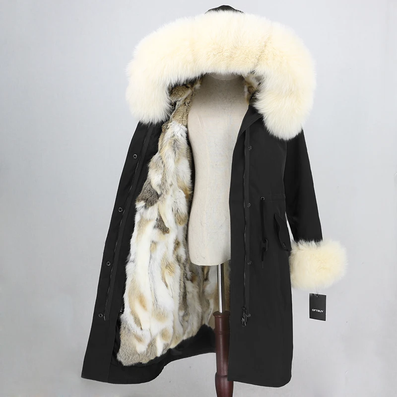 black beige OFTBUY X-long Parka водонепроницаемое пальто натуральный мех зимняя куртка женская натуральный Лисий мех воротник капюшон манжеты подкладка из натурального кроличьего меха Повседневная - Цвет: black beige