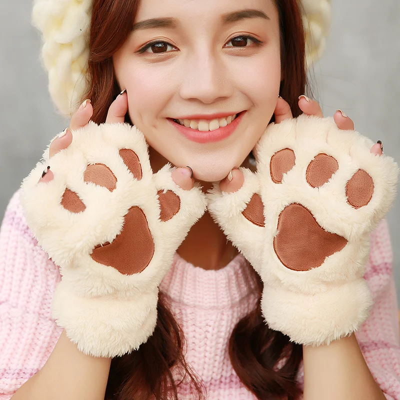 

Winter gloves women fingerless gloves winter lady's warm half finger mittens novelty fluffy bear/cat plush paw/claw gloves